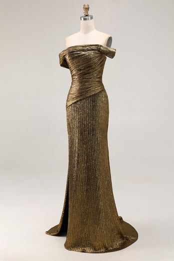Golden Metallic One Shoulder Maxi Prom Dress with Slit