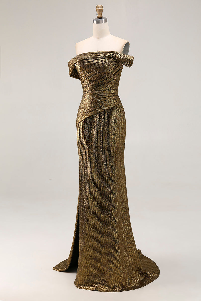 Load image into Gallery viewer, Golden Metallic One Shoulder Maxi Prom Dress with Slit