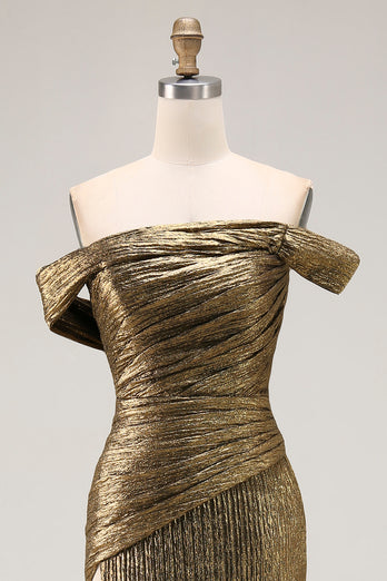 Golden Metallic One Shoulder Maxi Prom Dress with Slit