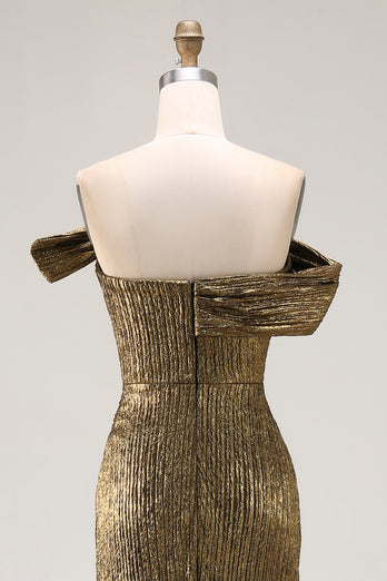 Golden Metallic One Shoulder Maxi Prom Dress with Slit