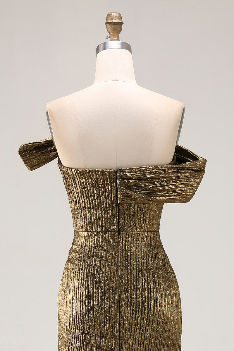 Load image into Gallery viewer, Golden Metallic One Shoulder Maxi Prom Dress with Slit
