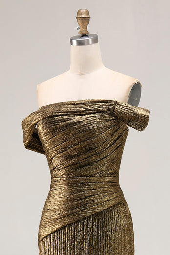 Golden Metallic One Shoulder Maxi Prom Dress with Slit