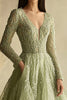 Load image into Gallery viewer, Dusty Sage V-Neck Appliqued Prom Dress with Long Sleeves