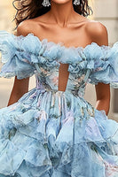Load image into Gallery viewer, Blue Ruffled A Line Off The Shoulder Prom Dress