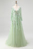 Load image into Gallery viewer, Dusty Sage V-Neck Appliqued Ball Gown Prom Dress with Long Sleeves