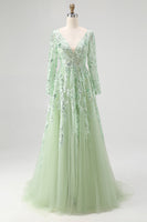 Load image into Gallery viewer, Dusty Sage V-Neck Appliqued Ball Gown Prom Dress with Long Sleeves