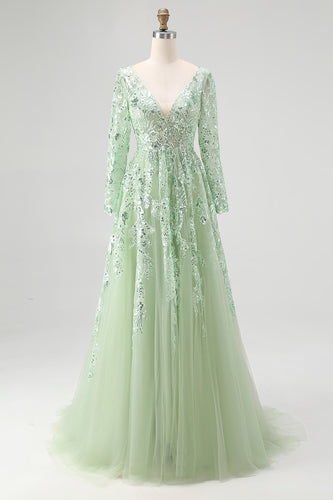 Dusty Sage V-Neck Appliqued Ball Gown Prom Dress with Long Sleeves