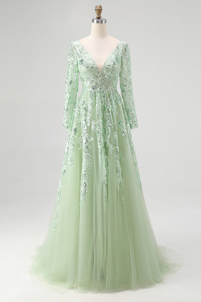 Dusty Sage V-Neck Appliqued Ball Gown Prom Dress with Long Sleeves