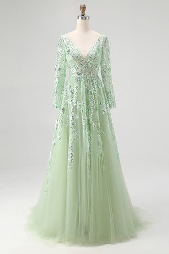 Dusty Sage V-Neck Appliqued Ball Gown Prom Dress with Long Sleeves