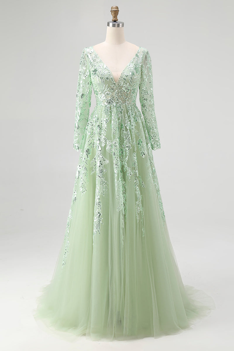 Load image into Gallery viewer, Dusty Sage V-Neck Appliqued Ball Gown Prom Dress with Long Sleeves
