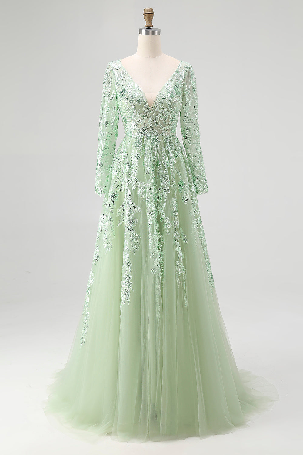 Dusty Sage V-Neck Appliqued Ball Gown Prom Dress with Long Sleeves
