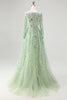 Load image into Gallery viewer, Dusty Sage V-Neck Appliqued Ball Gown Prom Dress with Long Sleeves