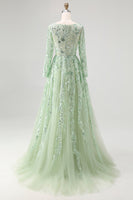 Load image into Gallery viewer, Dusty Sage V-Neck Appliqued Ball Gown Prom Dress with Long Sleeves