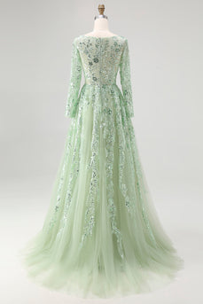 Dusty Sage V-Neck Appliqued Ball Gown Prom Dress with Long Sleeves