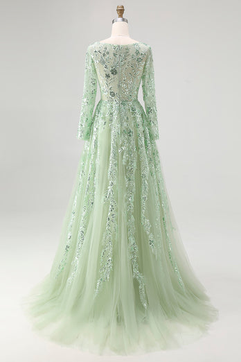 Dusty Sage V-Neck Appliqued Ball Gown Prom Dress with Long Sleeves