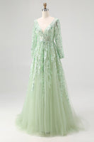 Load image into Gallery viewer, Dusty Sage V-Neck Appliqued Ball Gown Prom Dress with Long Sleeves