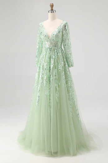 Dusty Sage V-Neck Appliqued Ball Gown Prom Dress with Long Sleeves