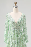 Load image into Gallery viewer, Dusty Sage V-Neck Appliqued Ball Gown Prom Dress with Long Sleeves