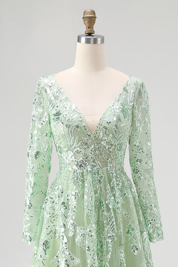 Dusty Sage V-Neck Appliqued Ball Gown Prom Dress with Long Sleeves
