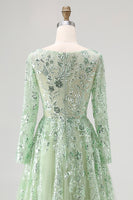Load image into Gallery viewer, Dusty Sage V-Neck Appliqued Ball Gown Prom Dress with Long Sleeves
