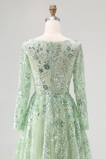 Dusty Sage V-Neck Appliqued Ball Gown Prom Dress with Long Sleeves