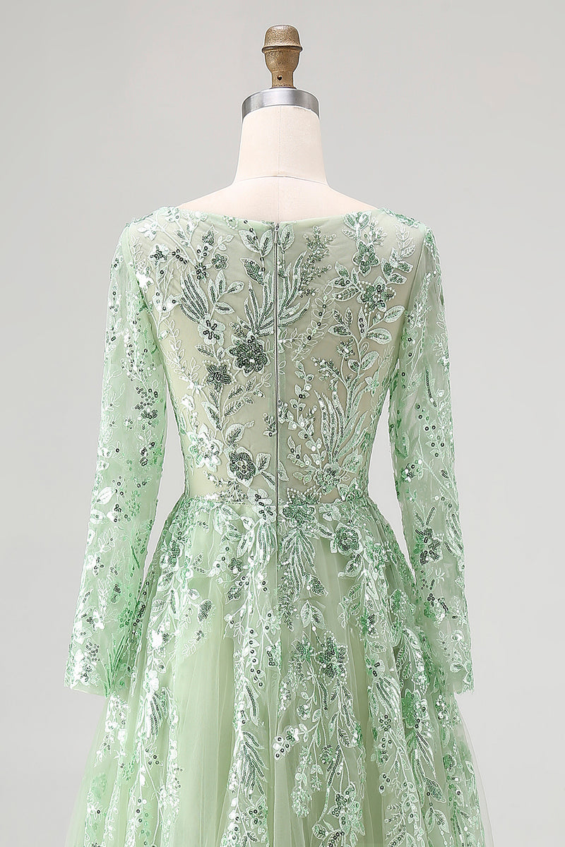 Load image into Gallery viewer, Dusty Sage V-Neck Appliqued Ball Gown Prom Dress with Long Sleeves