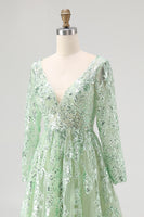 Load image into Gallery viewer, Dusty Sage V-Neck Appliqued Ball Gown Prom Dress with Long Sleeves