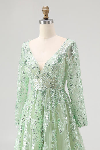 Dusty Sage V-Neck Appliqued Ball Gown Prom Dress with Long Sleeves