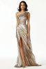 Load image into Gallery viewer, Women Sparkly Golden One Shoulder Prom Dress with Slit Sheath Ruched Gala Dress