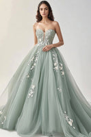 Load image into Gallery viewer, Green A Line Sweetheart Tulle Prom Dress with Lace