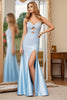 Load image into Gallery viewer, Sparkly Sky Blue Beaded Satin Prom Dress with Slit