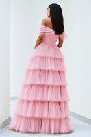 Load image into Gallery viewer, Pink Ruffled Off The Shoulder Ruched Prom Dress