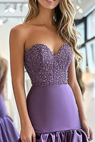 Load image into Gallery viewer, Beaded Plum A Line Satin Strapless Prom Dress with Ruffles