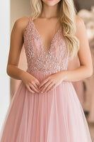 Load image into Gallery viewer, Glitter Pink Tulle A Line V-Neck Floor Length Prom Dress