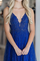 Load image into Gallery viewer, Royal Blue Lace V-Neck A Line Floor Length Prom Dress