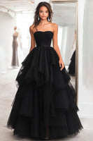 Load image into Gallery viewer, Women Black A Line Tulle Prom Dress Strapless Tiered Floor Length Formal Dress