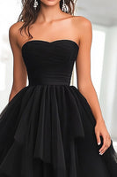 Load image into Gallery viewer, Black Strapless Tulle Tiered Floor Length Prom Dress