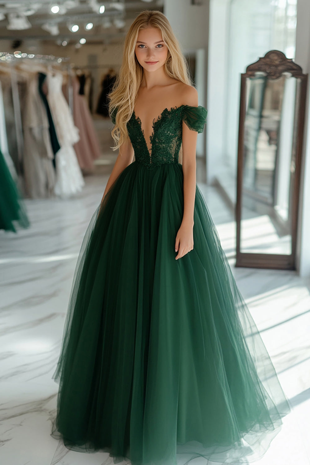 Dark Green Corset Off the Shoulder Long Prom Dress with Lace