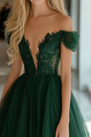 Load image into Gallery viewer, Dark Green Corset Off the Shoulder Long Prom Dress with Lace