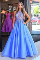 Load image into Gallery viewer, Women Blue Ball Gown Tulle Prom Dress with Lace Appliques Scoop Sleeveless Floor Length Formal Dress