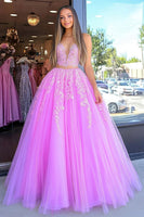 Load image into Gallery viewer, Ball Gown Fuchsia Floral Floor Length Prom Dress with Lace
