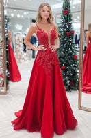Load image into Gallery viewer, Floral Red Sparkly Satin V-Neck Long Prom Dress