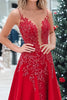 Load image into Gallery viewer, Floral Red Sparkly Satin V-Neck Long Prom Dress