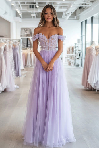 A Line Tulle Lilac Corset Off the Shoulder Long Prom Dress