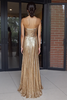 Load image into Gallery viewer, A Line Metallic Gold Strapless Maxi Prom Dress