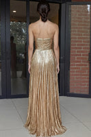 Load image into Gallery viewer, Metallic A Line Gold Plus Size Strapless Maxi Prom Dress