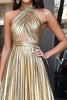 Load image into Gallery viewer, Metallic Gold Halter Keyhole A Line Long Prom Dress
