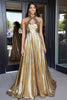 Load image into Gallery viewer, Gold Halter Metallic Keyhole A Line Long Prom Dress