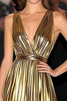 Load image into Gallery viewer, Metallic Gold Deep V-Neck A Line Floor Length Formal Dress