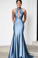 Load image into Gallery viewer, Halter Grey Blue Satin Sheath Floor Length Gala Dress